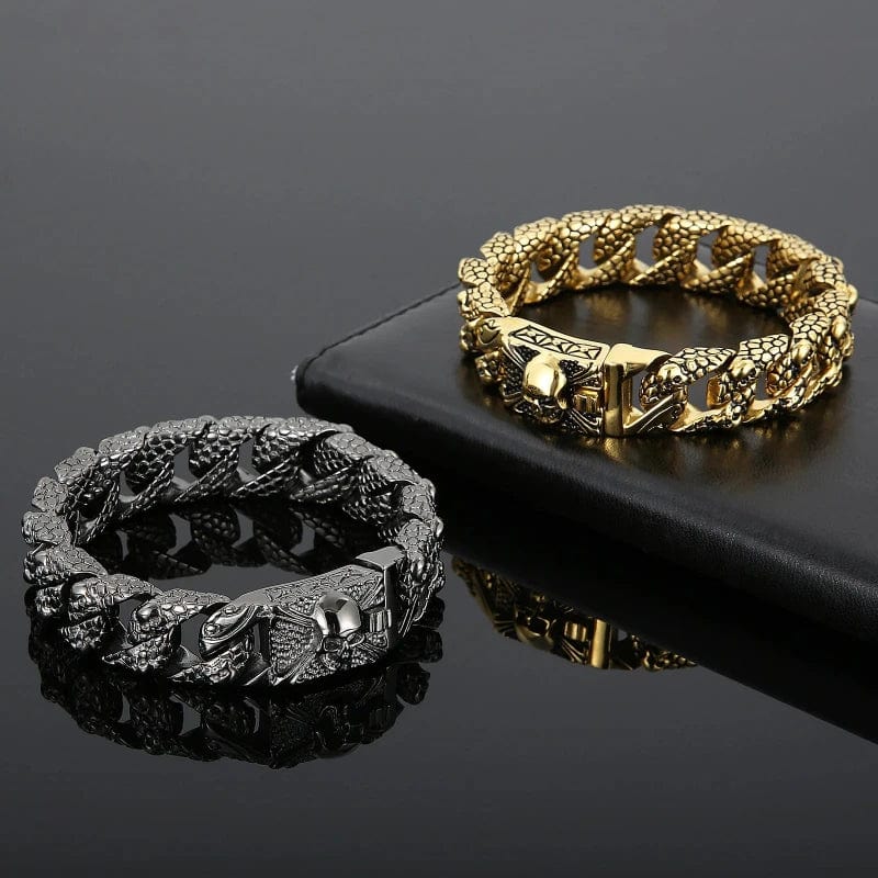 Link Chain Gothic Men's Skull Bracelet - Stainless Steel Franco Curb Chain Skeleton