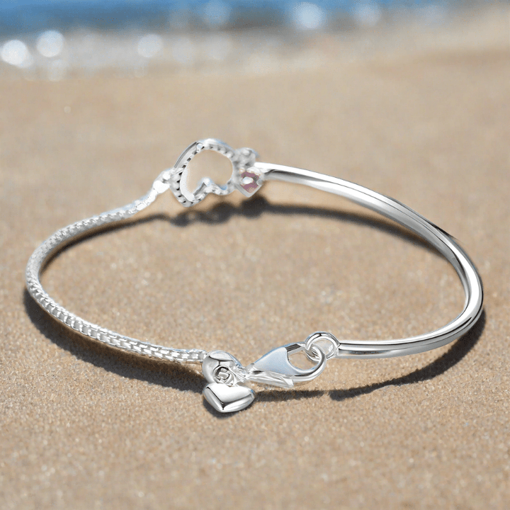 Link Chain Pink Heart Link Chain Bangle Combination Bracelet Adjustable / Silver Unique Leather Bracelets