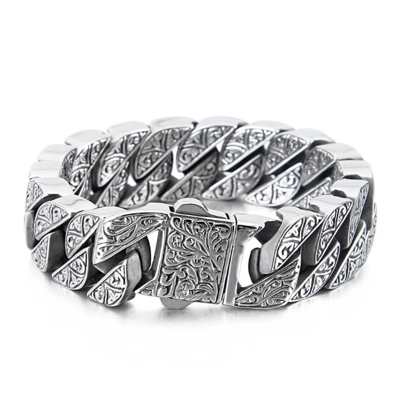 Link Chain Stainless Steel Cuban Chain Bracelet with Engraved Detail