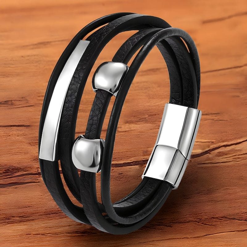 Wrap Silver Beads Black Leather Bracelet