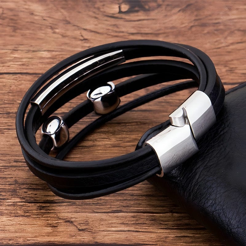 Wrap Silver Beads Black Leather Bracelet