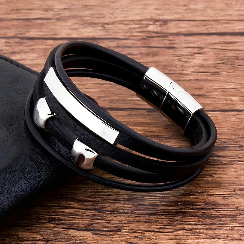 Wrap Silver Beads Black Leather Bracelet