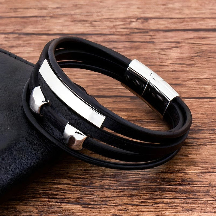 Wrap Silver Beads Black Leather Bracelet