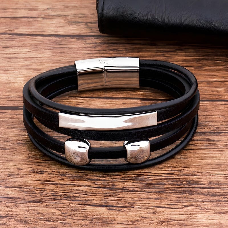 Wrap Silver Beads Black Leather Bracelet