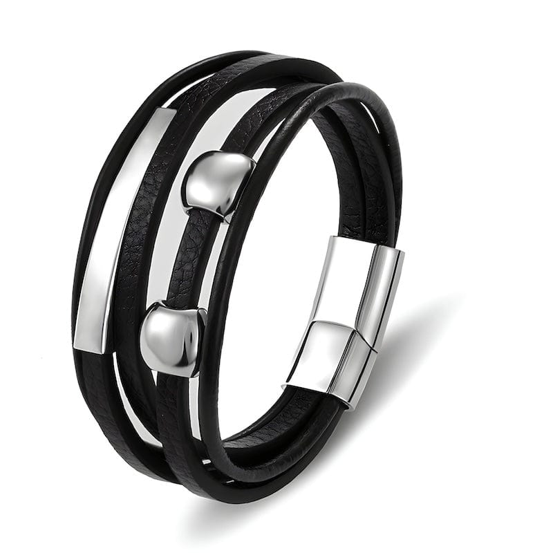 Wrap Silver Beads Black Leather Bracelet