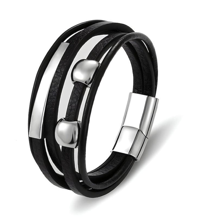 Wrap Silver Beads Black Leather Bracelet