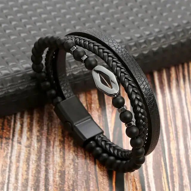 Wrap Bracelet Leather Mens Stack Bead Charm Wrap Unique Leather Bracelets 18.5cm Black 