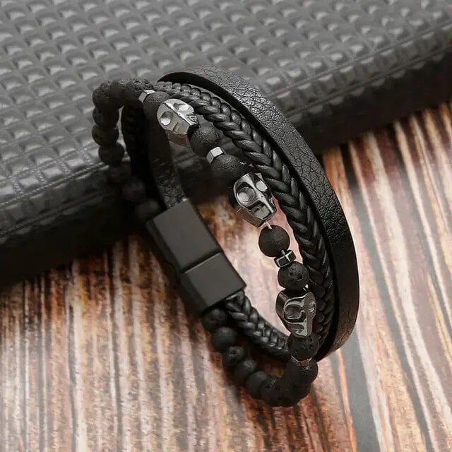 Wrap Wrap Bracelet Leather Mens Stack Bead Skull