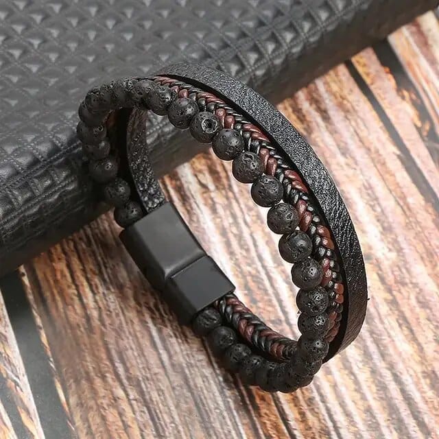 Wrap Bracelet Leather Mens Stack Braid Lava Bead Wrap Unique Leather Bracelets 18.5cm Black/Brown 