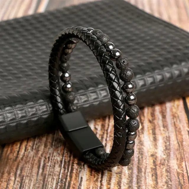 Wrap Bracelet Leather Mens Stack Braid Twist Lava Bead Wrap Unique Leather Bracelets 18.5cm Black 