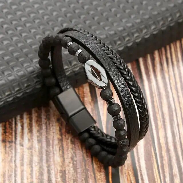 Wrap Bracelet Leather Mens Stack Charm Bead Wrap Unique Leather Bracelets 18.5cm Black 