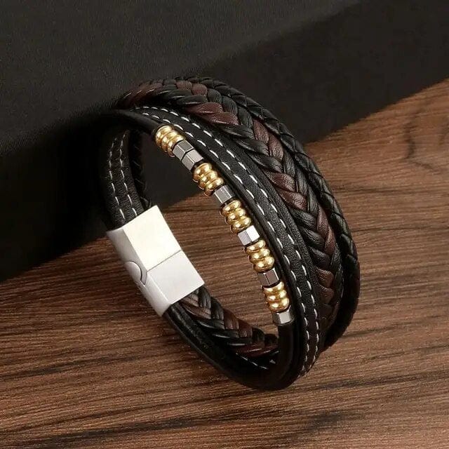 Wrap Bracelet Leather Mens Stack Charm Double Stitch Wrap Unique Leather Bracelets 18.5cm Black/Brown 