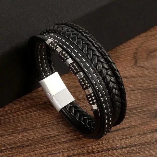 Wrap Bracelet Leather Mens Stack Charm Stitch Wrap Unique Leather Bracelets 18.5cm Black 