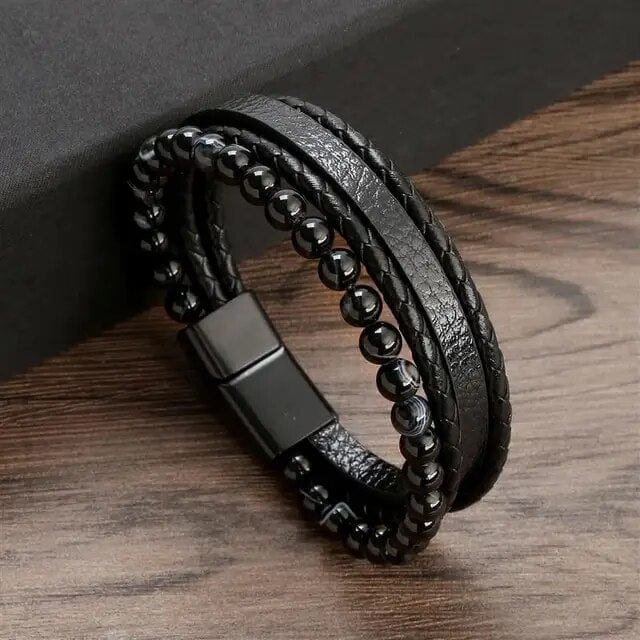 Wrap Bracelet Leather Mens Stack Polished Bead Wrap Unique Leather Bracelets 18.5cm Black 