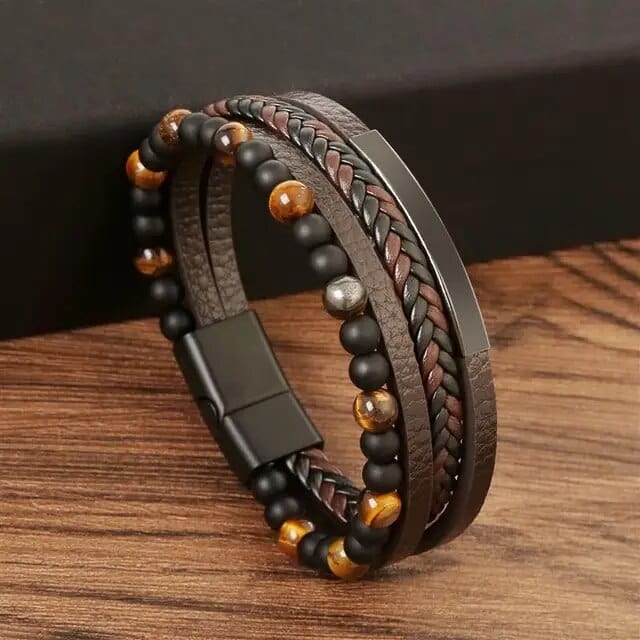 Wrap Wrap Bracelet Leather Mens Stack Tiger Bead