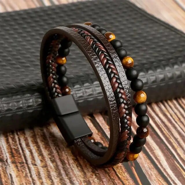 Wrap Wrap Bracelet Leather Mens Stack Tiger Bead