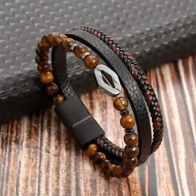 Wrap Wrap Bracelet Leather Mens Stack Tiger Bead Charm