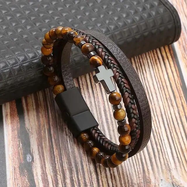 Wrap Wrap Bracelet Leather Mens Stack Tiger Bead Cross