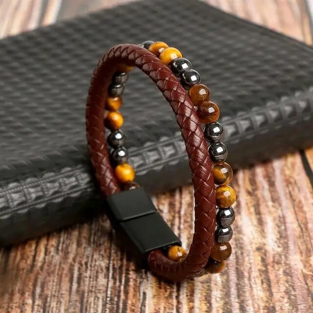 Wrap Wrap Bracelet Leather Mens Stack Tiger Eye Braid Twist
