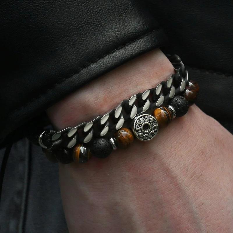 Beaded Bracelets Mens Tigers Eye Tribal Beaded Bracelets Adjustable / Silver/Black