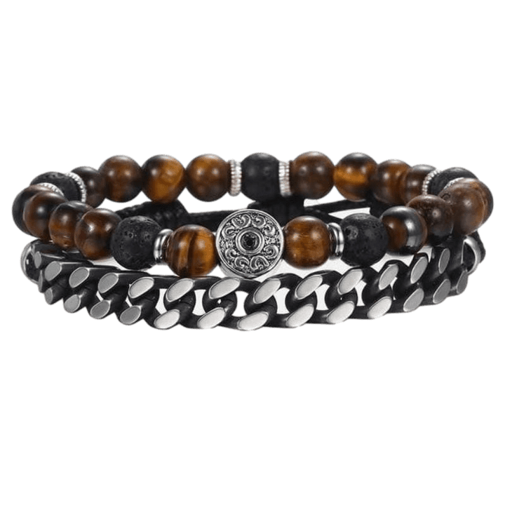 Beaded Bracelets Mens Tigers Eye Tribal Beaded Bracelets Adjustable / Silver/Black