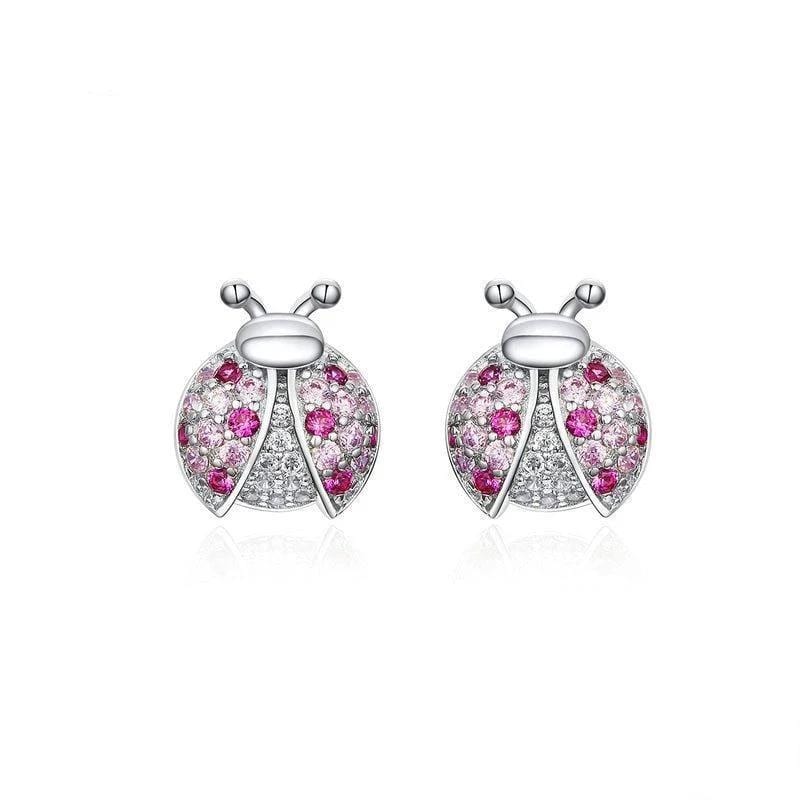 Earrings Classic Jeweled  Ladybug Earrings Silver/Pink