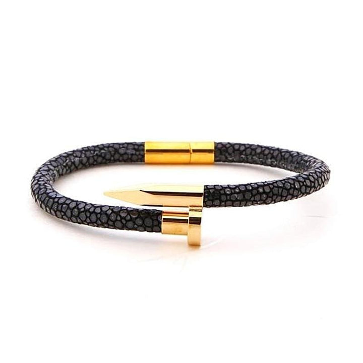 Leather Bracelets Black and Gold Cartier Style Exotic Luxury Leather Nail Bracelet Black/Gold / 16cm