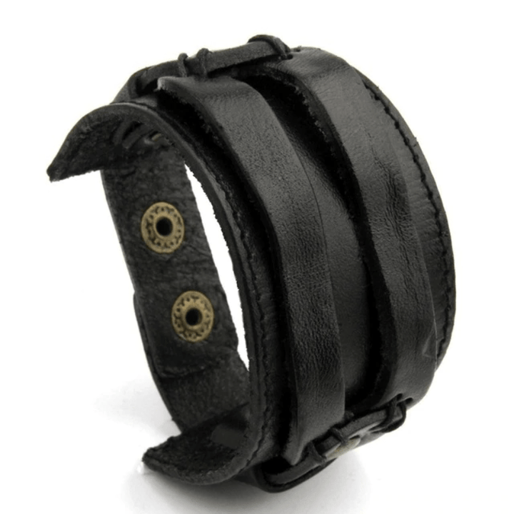 Leather Bracelets Double Strap Leather Cuff Bracelets Black