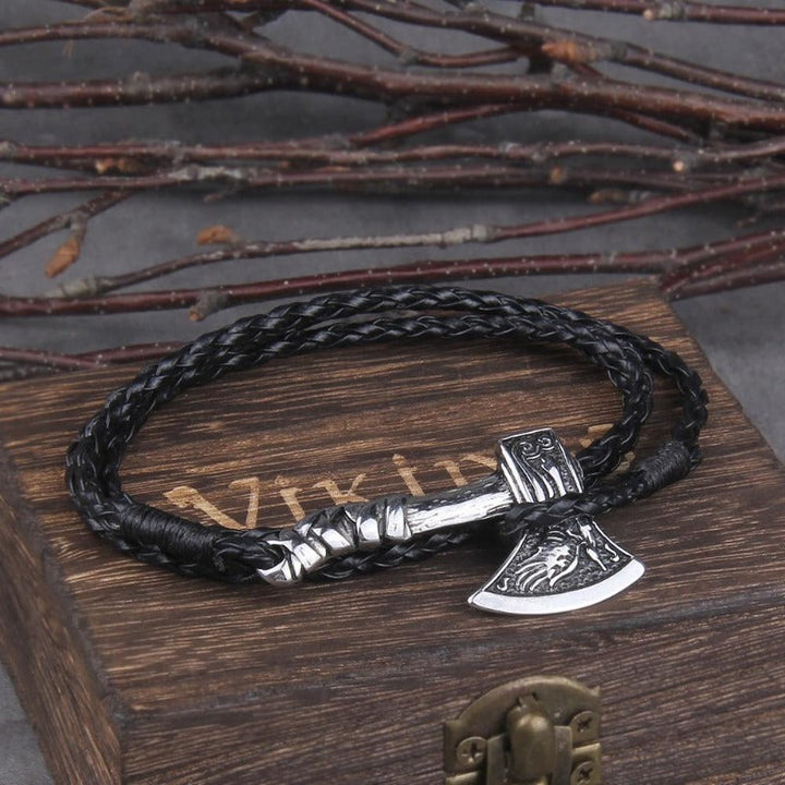Leather Valknut Axe Amulet Charm Leather Bracelet