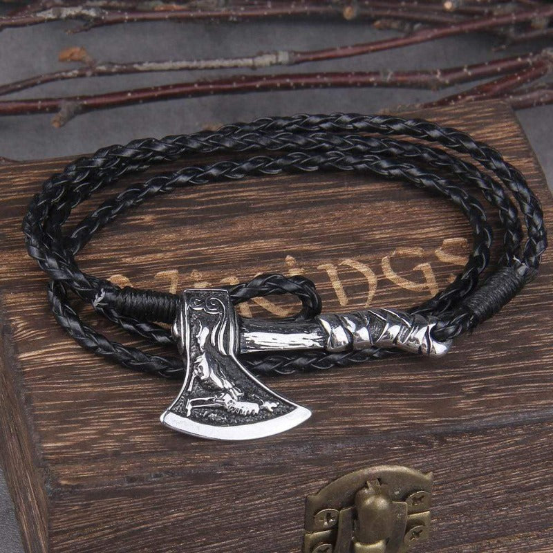 Leather Valknut Axe Amulet Charm Leather Bracelet