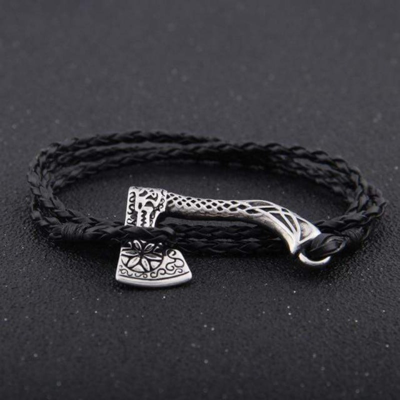 Leather Valknut Axe Amulet Charm Leather Bracelet