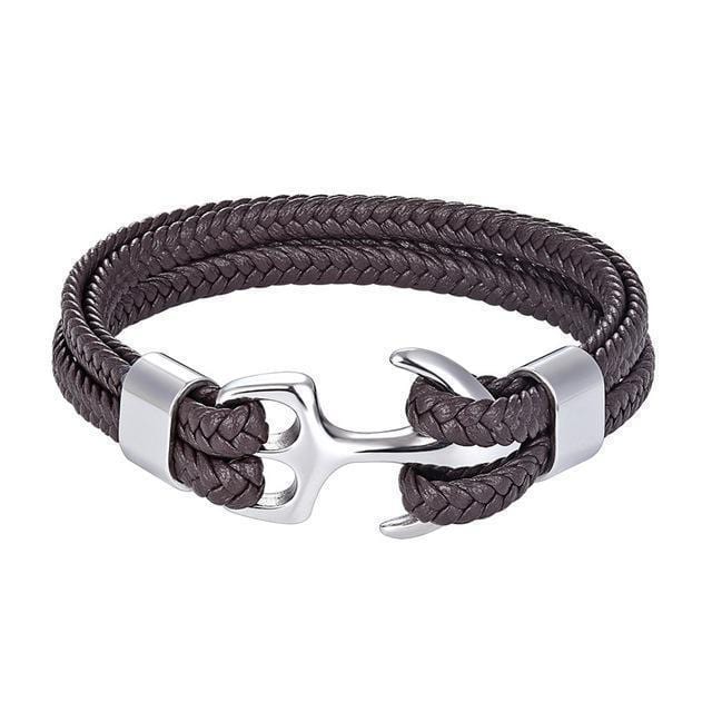 Titanium Anchor Leather Bracelet Leather Unique Leather Bracelets Brown/Silver 19cm 