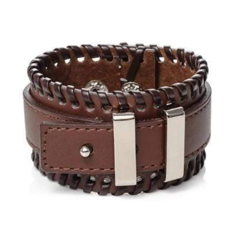 Mens Leather Bracelet Brown Leather Buckle Cuff Bracelet Adjustable / Brown