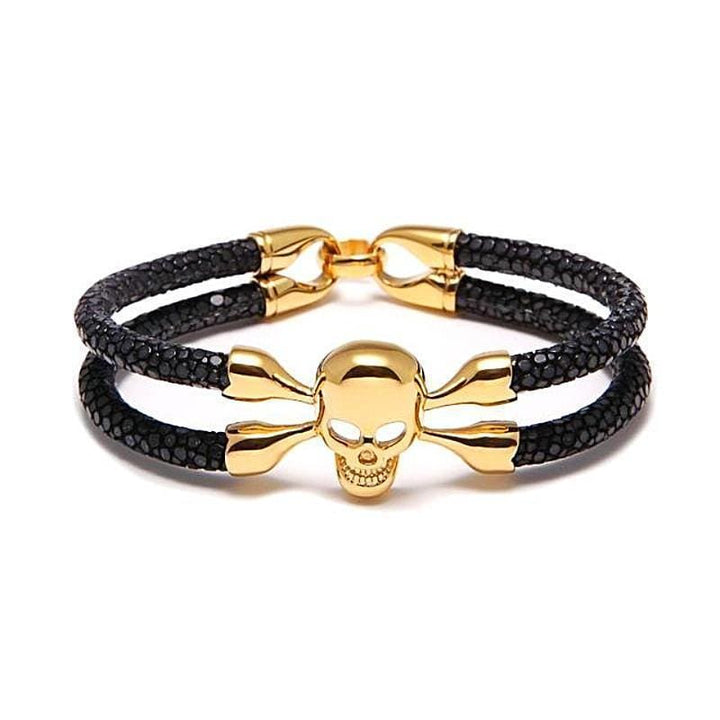 Luxury Leather Golden Crossbones Leather Unique Leather Bracelets Black 17cm 