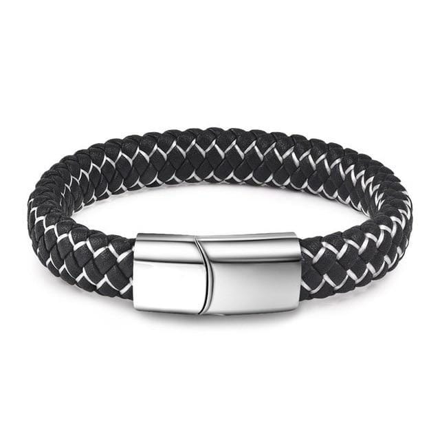 Mens Leather Bracelet Rustic Magnetic Leather Bracelets Black/Silver/White / 18.5cm