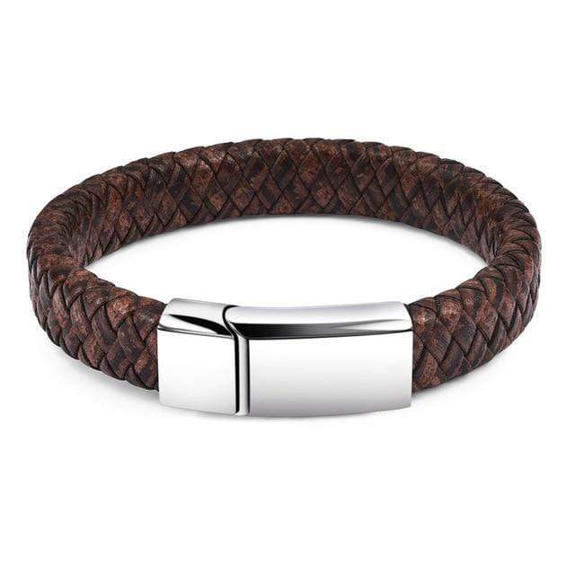 Mens Leather Bracelet Rustic Magnetic Leather Bracelets Brown/Silver / 18.5cm