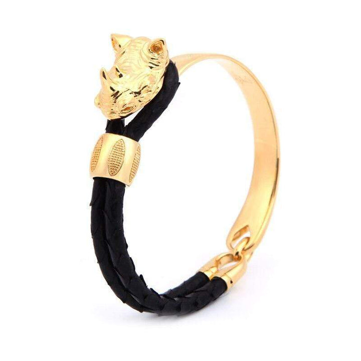 Mens Stainless Steel Bracelets Rhinoceros of Courage Exotic Luxury Leather Bracelet Black/Gold / 17.5cm