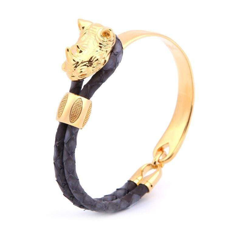 Mens Stainless Steel Bracelets Rhinoceros of Courage Exotic Luxury Leather Bracelet Gray/Gold / 17.5cm