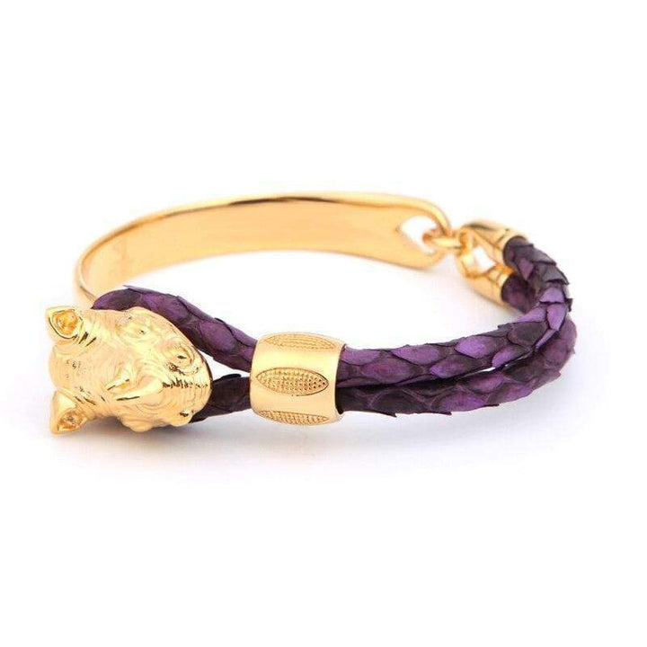 Mens Stainless Steel Bracelets Rhinoceros of Courage Exotic Luxury Leather Bracelet Purple/Gold / 17.5cm