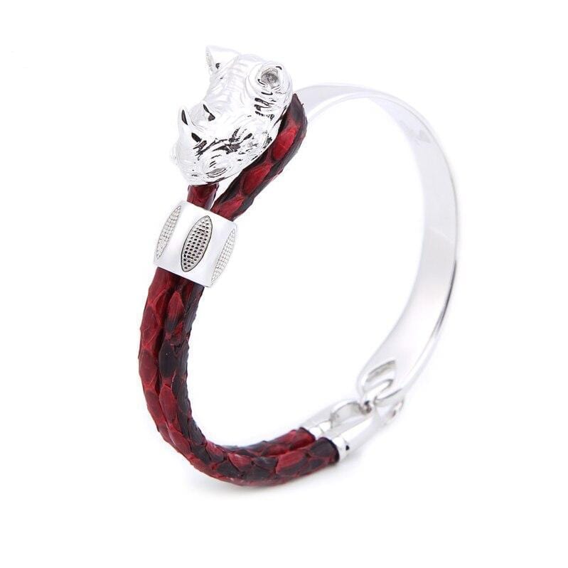 Mens Stainless Steel Bracelets Rhinoceros of Courage Exotic Luxury Leather Bracelet Red/Silver / 17.5cm