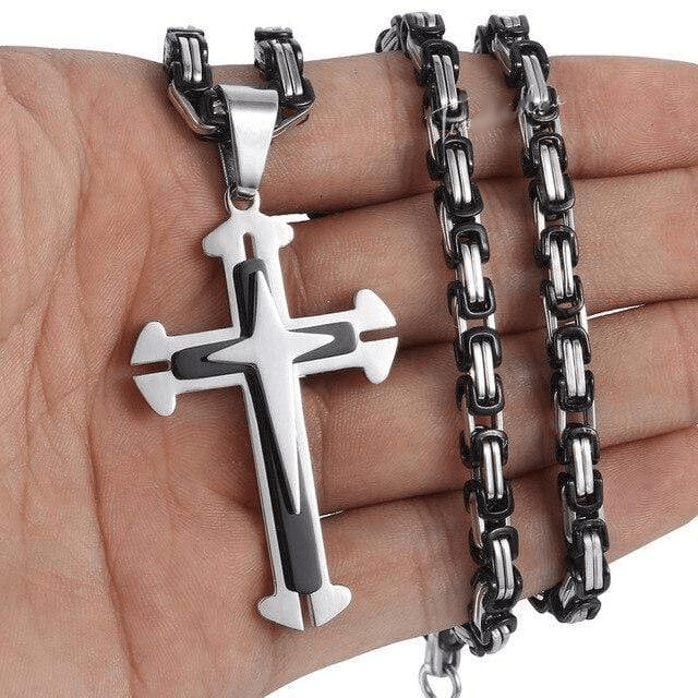 Necklaces Mens Byzantine Cross Necklaces Black/Silver / 18inch