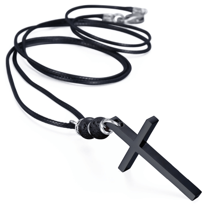 Necklaces Mens Lava Stone Black Leather Cross Necklace