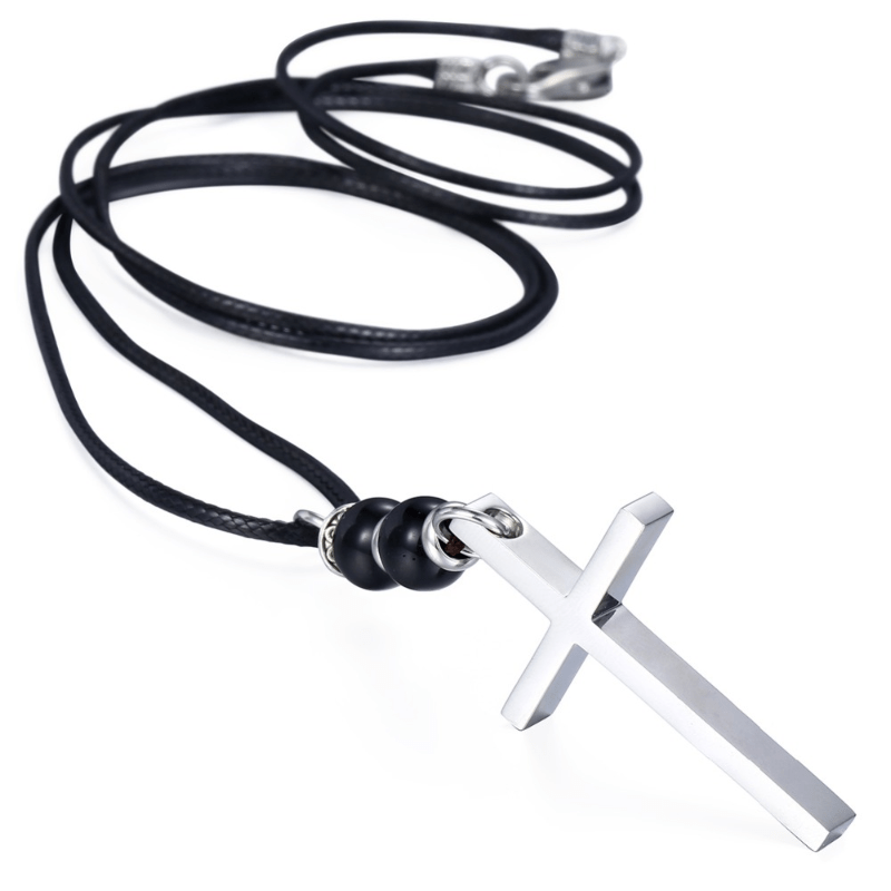 Necklaces Mens Lava Stone Black Leather Cross Necklace