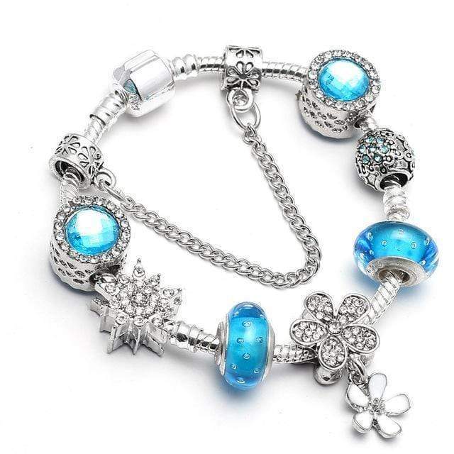 Flower Colourful Beads Charm Bracelet Charm Unique Leather Bracelets Silver/C009 16cm 
