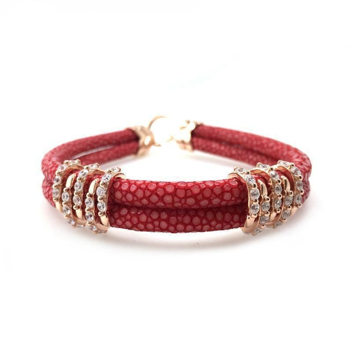 Womens Bracelets Rose Red Studded Exotic Luxury Leather Womens Bracelet Red/Rose Gold / 16.5cm