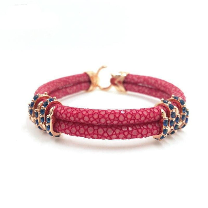Womens Bracelets Rose Red Studded Exotic Luxury Leather Womens Bracelet Red/Rose Gold/Blue / 16.5cm